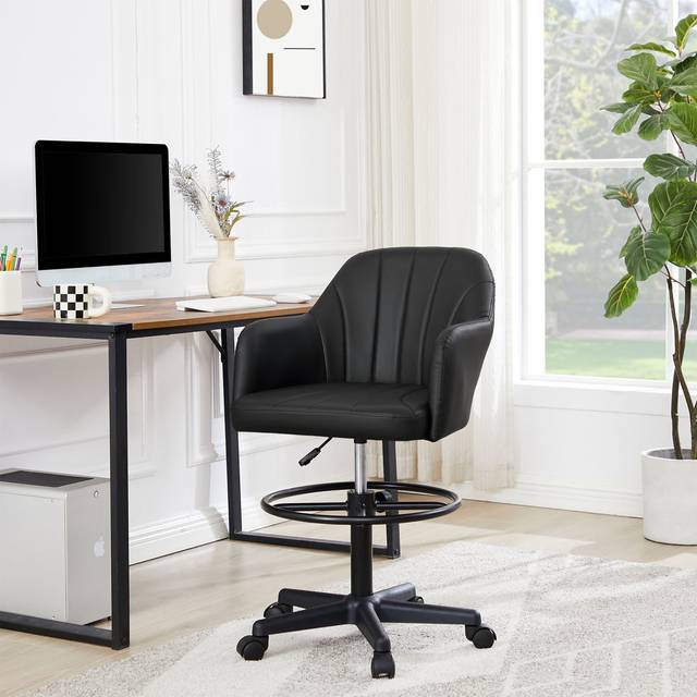 Modern PU Leather Office Desk Chair With Armrest And Wheels, Height Adjustable Task Chairs, 360° Rolling Swivel Computer Chair - Black (102cm H X 58cm W X 58cm D)