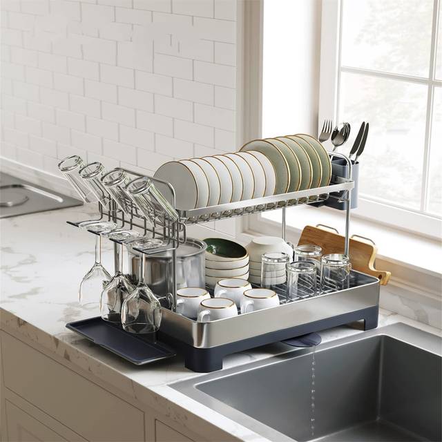 Rislin Two Tier Dish Rack - Silver;Satin Black (10cm W X 10cm D)