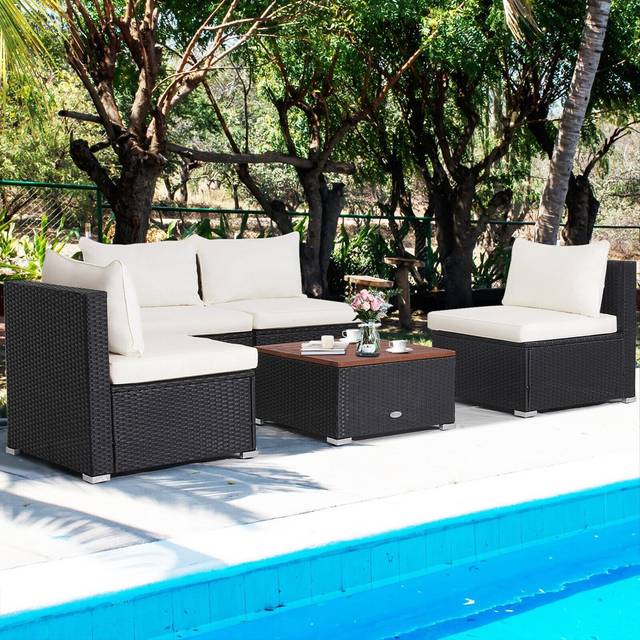 5 PCS Wicker Sofa Set Outdoor Rattan Conversation Set With Cushions
