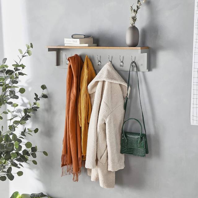 Ashwini Wall 7 - Hook Wall Mounted Coat Rack - Brown;Grey (18cm H X 80cm W X 17cm D)