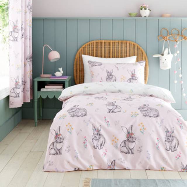 Catherine Lansfield Bunny Tails Ditsy Flower Duvet Cover Bedding Set Pink White - Pink/White
