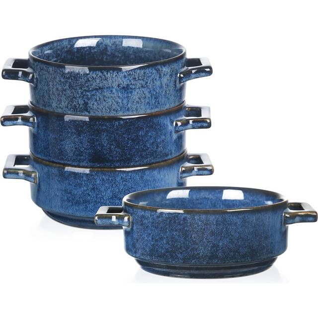 Ceramic Soup Bowl With Handle, 24 Ounce Porcelain Soup Jar, Set Of 4 - Blue