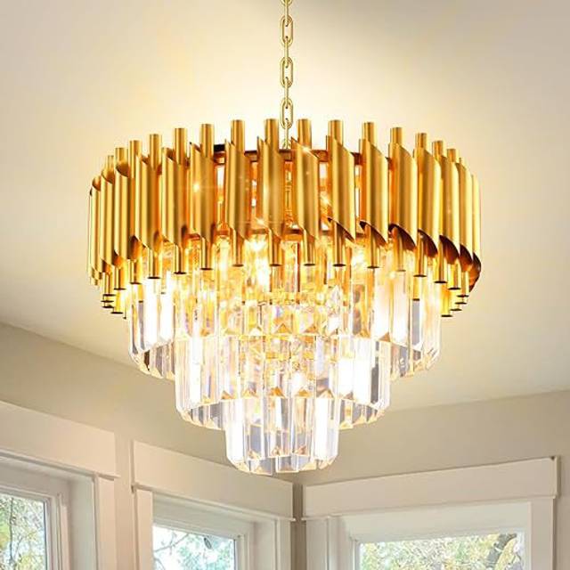 Bhagwan LED Chandelier Modern Crystal Chandelier Black Chandelier, 3-Tier Crystal Chandelier Light Fixture, Round Crystal Pendant Light - Rose Gold (36cm H X 40cm W X 40cm D)