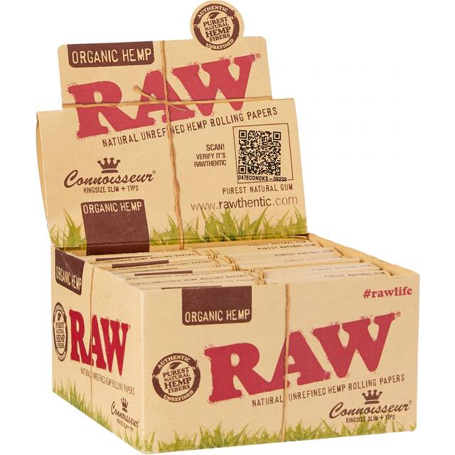 24 Raw Organic Hemp King Size Slim Papers + Tips (Connoisseur)