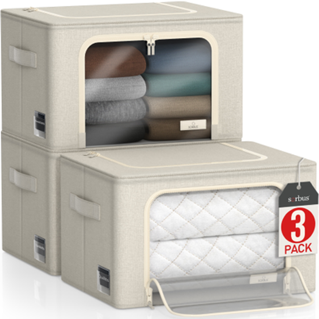 Sorbus Storage Bins with Metal Frame - Stackable & Foldable Clothes Organizer Bags - Oxford Fabric Storage Containers with Large Clear Window & Carry