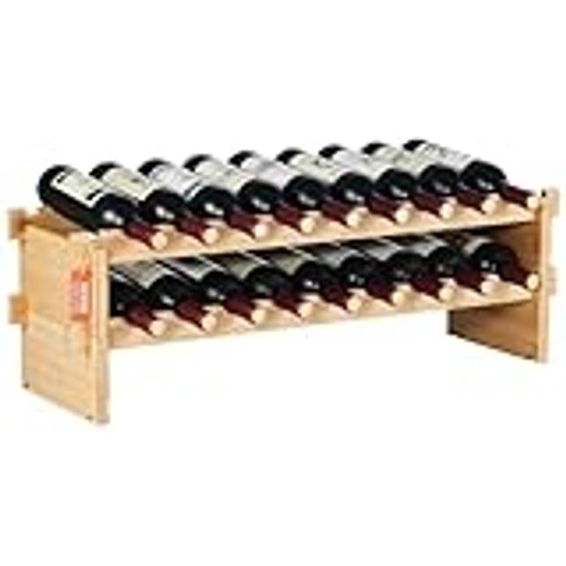 18 Bottle Stackable Modular Wine Rack, 2-Tier Solid Bamboo Wood Storage Racks, Floor Freestanding Wines Holder Display Shelf, Wobble-Free Shelves for