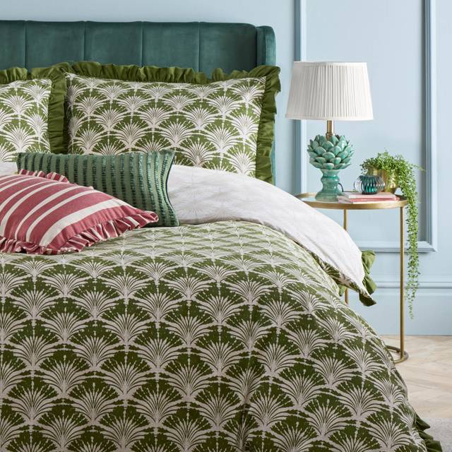 furn. Deco Single Moss Palm Printed Ruffle Duvet Set - Green