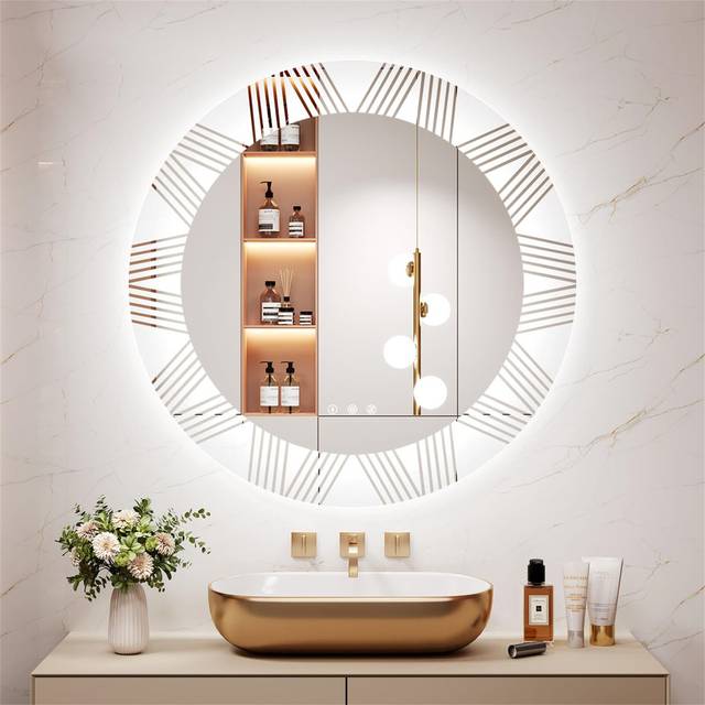 Round LED Bathroom Mirror, Light Pattern Round Backlit Makeup Mirror, Anti-Fog, 3 Colors Dimmable - Silver
