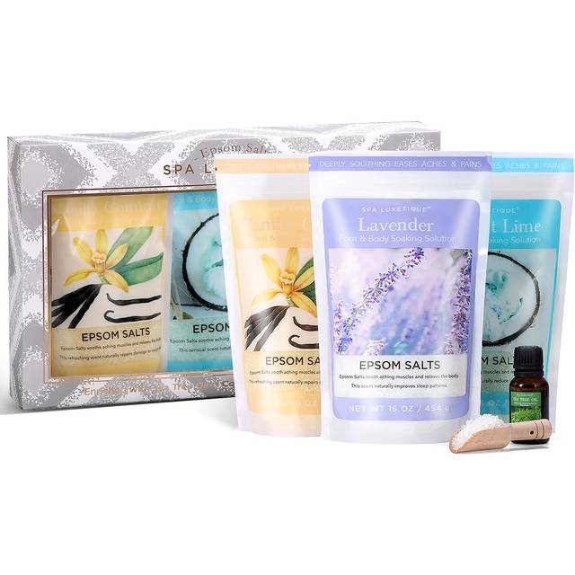 Bath Salts for Women  Spa Luxetique Epsom Salts for Soaking  3pc Bath Salt Gifts Set  Lavender  Vanilla and Coconut Scent with Tea Tree Oil Gifts for