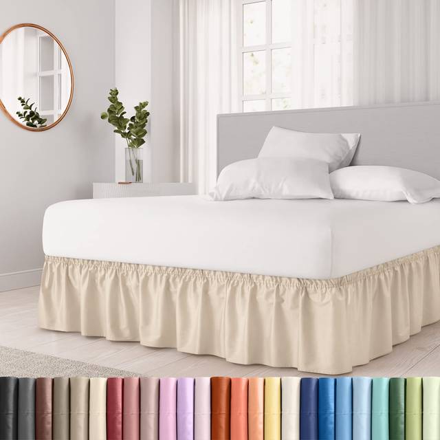 Wrap Around Dust Ruffle Bed Skirt - Cream - Bed Skirt for Full Size Beds with 21 in. Drop - Easy Fit Elastic Strap - Pleated Bedskirt with Brushed Fab