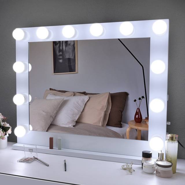 Lighted Metal Framed Freestanding Makeup Mirror in White (50cm H X 50cm W X 10cm D)