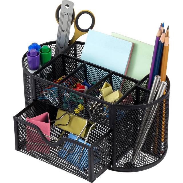 MyGift Metal Wire Mesh Desktop Supplies Organizer Caddy with 8 Compartments and Storage Drawer for Home Office School Dorm (Black))
