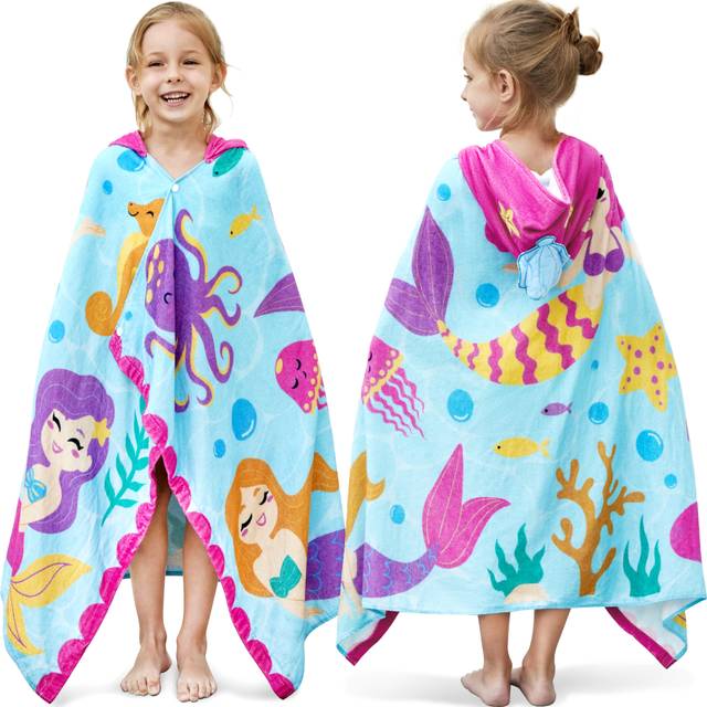 "JOIEDOMI Mermaid Hooded Towels for Kids - Soft 100% Cotton Kids Beach Towel - 30"""" x 50"""" for 3-10 Years Boys Girls - Beach Hooded Poncho - Absorbent"