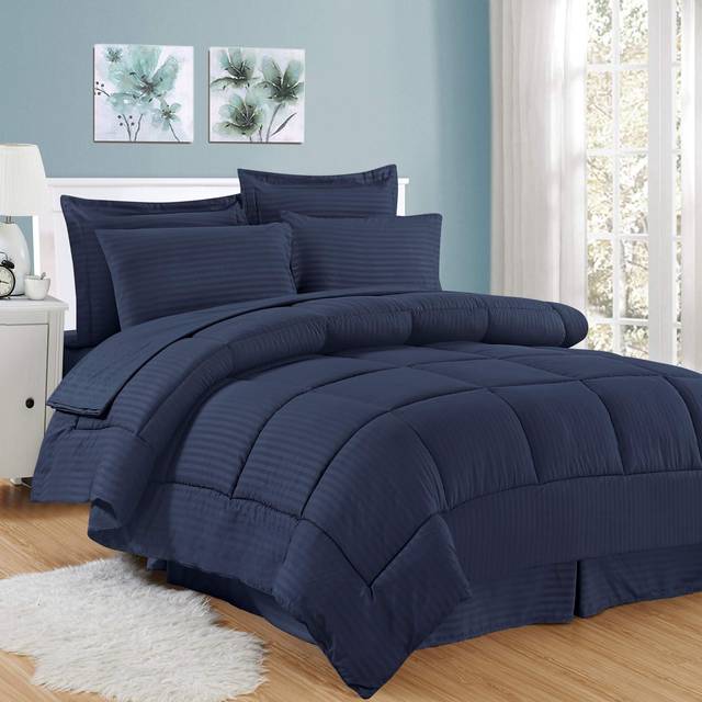 Sweet Home Collection 8 Piece Bed In A Bag with Dobby Stripe Comforter  Sheet Set  Bed Skirt  and Sham Set - King - Navy