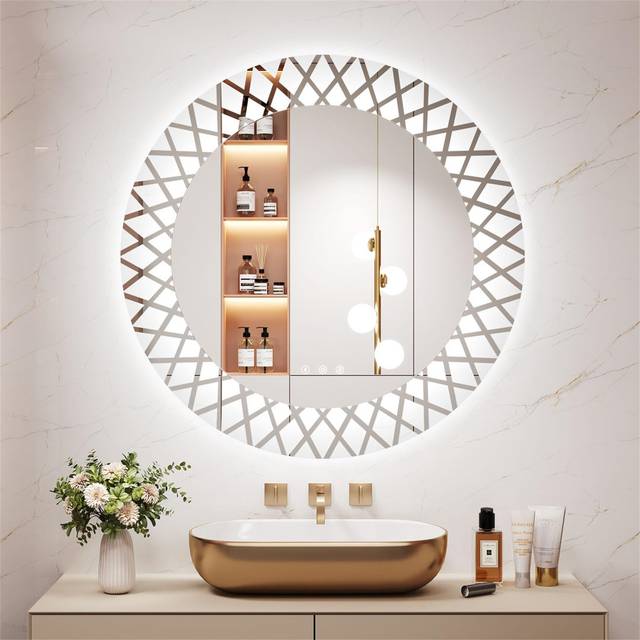 Round LED Bathroom Mirror, Light Pattern Round Backlit Makeup Mirror, Anti-Fog, 3 Colors Dimmable - Silver