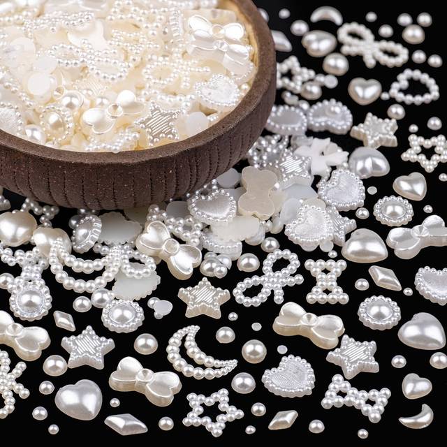 600Pcs 3D Multi Shapes Nail Charms and Flatback Pearls  White&Beige Mix Styles Heart Star Bow Sunflower Embellishments for Nail Art  Craft and Decorat