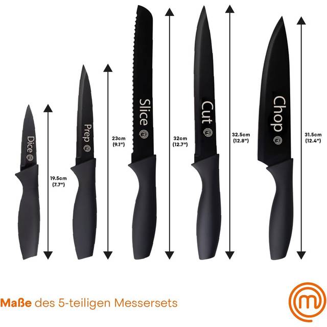 MasterChef Kitchen Knives Set of 5 With Captions Including Paring, Utility, Bread, Carving & Chef Knife, Sharp Stainless Steel, Non Stick Blades
