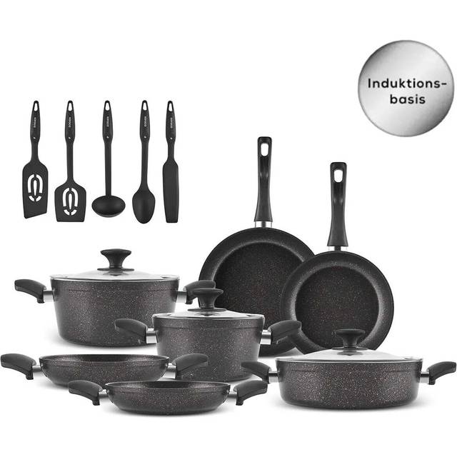SHEIN Karaca Biogranite 15-Piece Induction Cookware Set, Medium & Large Stockpot, Dual-Handle Frying Pan, Shallow Casserole, Cooking Utensil Set, BlackGold