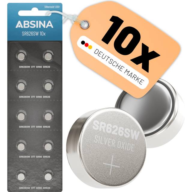 ABSINA SR626SW Klockbatteri 1,55 V silveroxid 10-pack – knappceller SR626SW läckagesäker och lång hållbarhet – 377/SR66/SR626/626/AG4