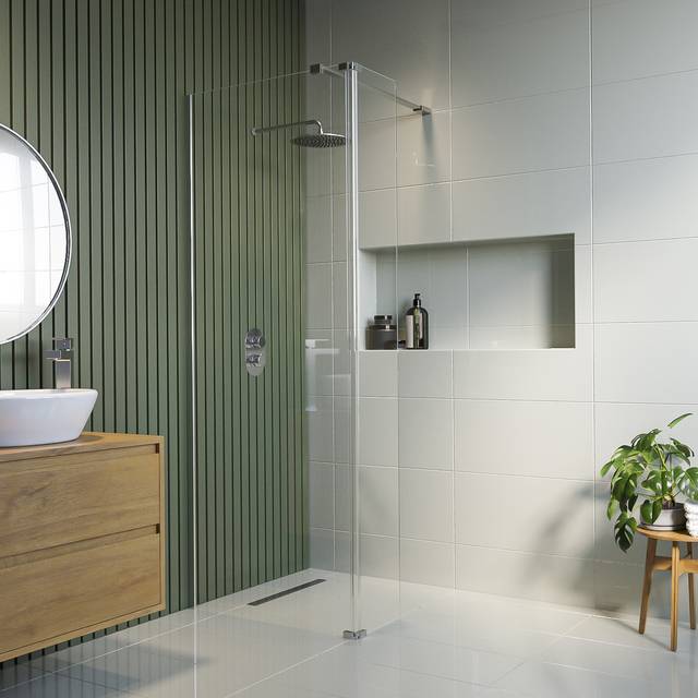 1400mm Chrome Shower Screen for Wet Room & Walk In Shower with 300mm Hinged Flipper Panel - Corvus