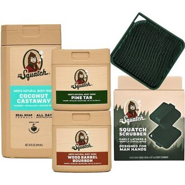 Dr Squatch NEW Natural Body Wash for Men  NonExfoliating  Coconut Castaway 14 oz  Wood Barrel Bourbon  Pine Tar 8 oz 2 Pack  Body Scrubber