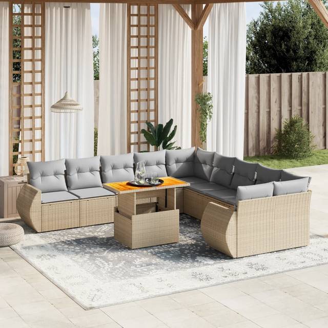 Loungegrupp för trädgården m. dynor 11 delar beige konstrotting