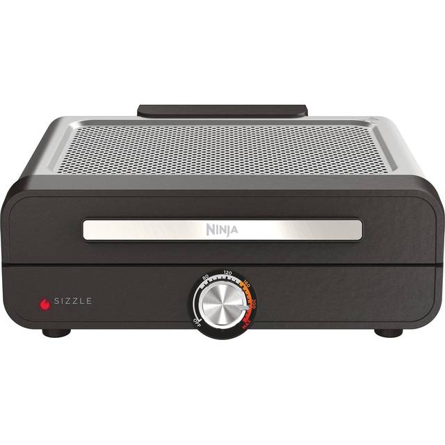 Ninja Sizzle Elektrisk Inomhusgrill & Platt Tallrik med Non-Stick Grillplatta & Platt Toppplatta, Avtagbart Lock som tål Diskmaskin, Fettfångare, Temperaturreglering & Receptguide, Grå GR101EU