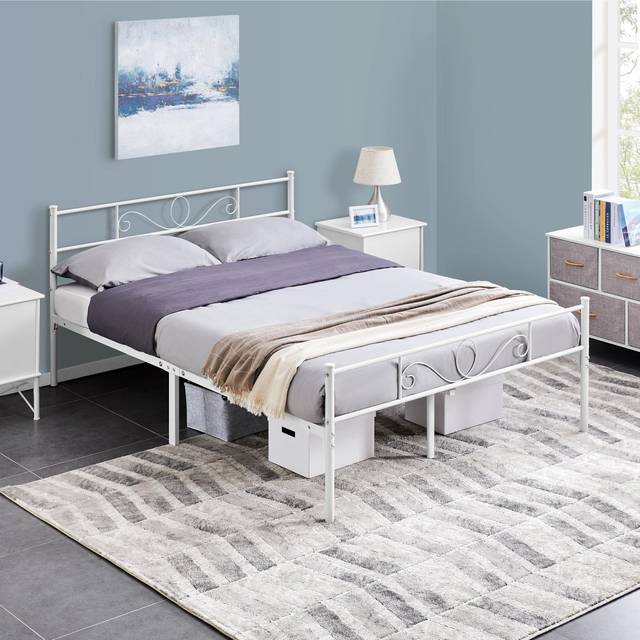 Yaheetech Sängram, metallsäng, sängram av metall, dubbelsäng för 140 x 200 cm madrass, gästsäng för små rum, vit