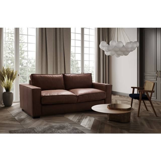Ripleigh 3 Seater Genuine Aniline Vintage Leather Reclining Sofa Bed with Mattress - Ripleigh Dark Cognac Genuine Leather (85cm H X 203cm W X 99cm D)