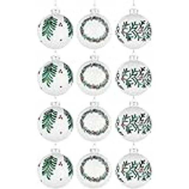 Christmas Glass Baubles 12pcs Set - 8cm White Ornaments with 3 Elegant Assorted Designs - One Size