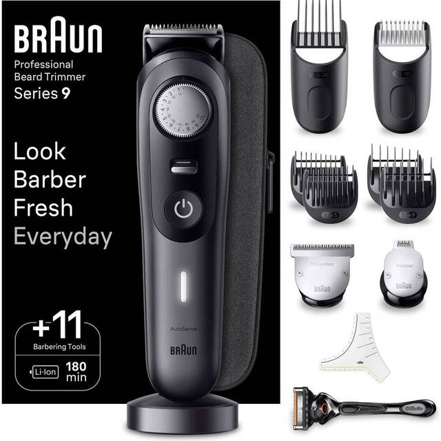 Braun skäggtrimmer serie 9 BT9441, trimmer med frisörverktyg och 180 min körtid