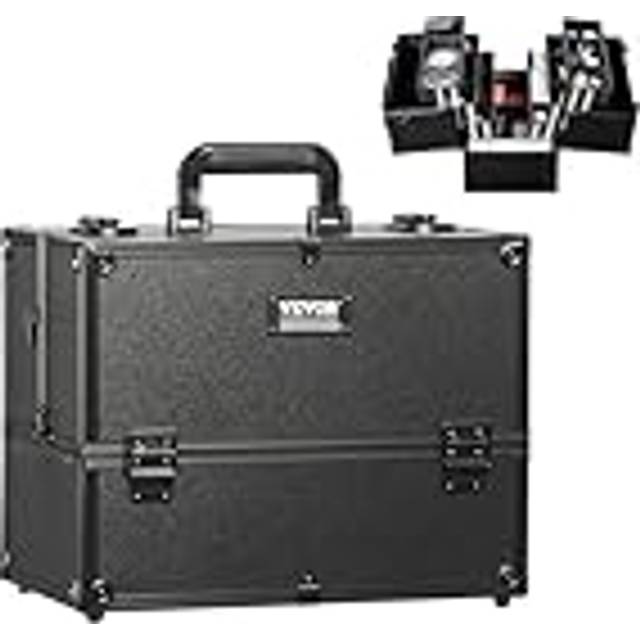 Makeup Case Trays 6 Levels Portable Storage Box 370mm with Handle, Strap, Professional Makeup Bag Travel Makeup Gift for Women and Girls, Black, Black