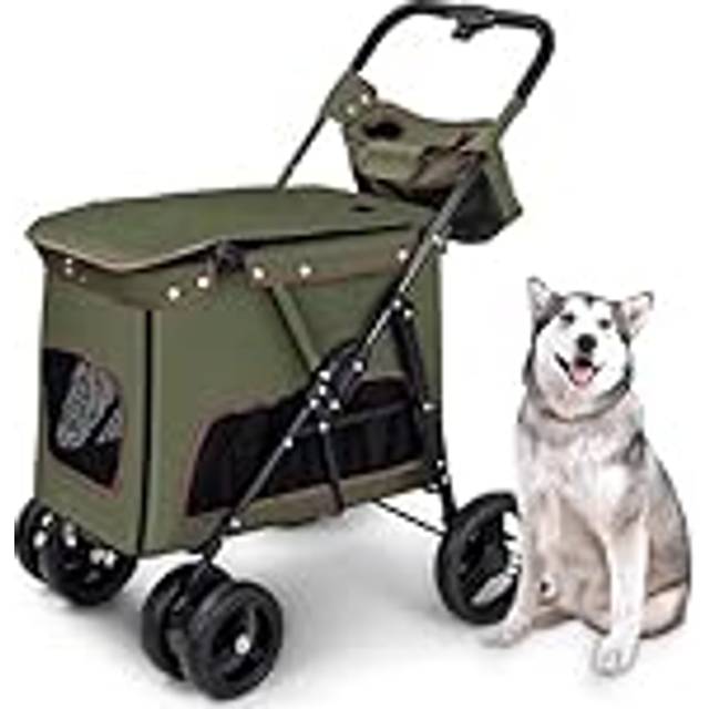 Husdjurshundvagnar for medelstora hundar, sällskapsdjur Kattvagnsvagn Äldre hundvagn Barnvagn med väska, 4 hjul Stor sällskapshundvagn Resebärare for katt, hund och mer(Green)