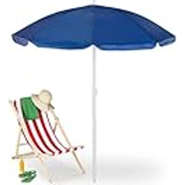 Relaxdays - Parasol, ø 160cm, Height Adjustable, Foldable, Camping, uv Protection, Round Beach & Balcony Umbrella, Blue