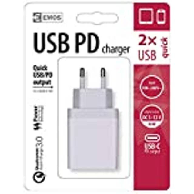 EMOS USB C-laddare Quick 3A, 30 W, Power Delivery och Qualcomm laddningsadapter QC 3.0, PD med 2X USB-portar: USB-C och USB-A, för smartphone, kamera, mobiltelefon, surfplatta, V0120 vit