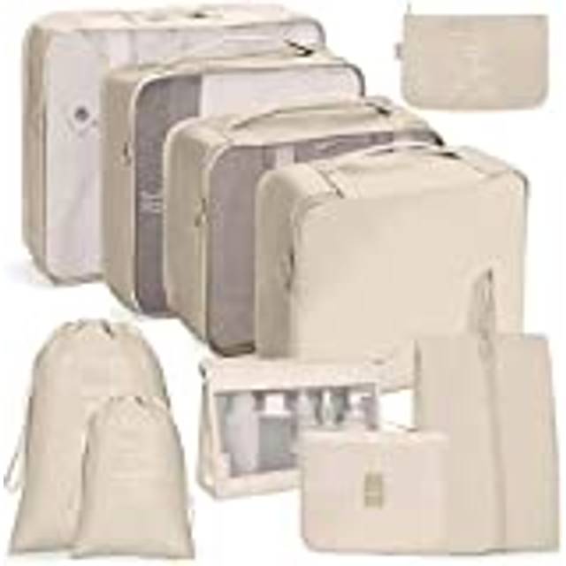 Researrangör resväska packkuber 10 st/set, familjebagage organiserare nödvändighetsväska, vattentät kompressionspåse för kläder, skor, kosmetika, BEIgE