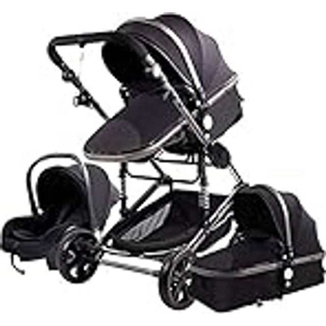 Magic ZC Barnvagn 3-i-1 med vikbar bärbar enkelklickdesign, buggy med vändbar tvåvägs dragkraft, komplett set med tillbehör högt landskap (739 svart)