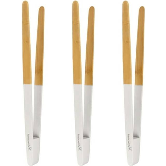 BambooMN Premium 12 Reusable Bamboo Kitchen A Toast Tongs For Cooking & Holding - White - 3 Pieces