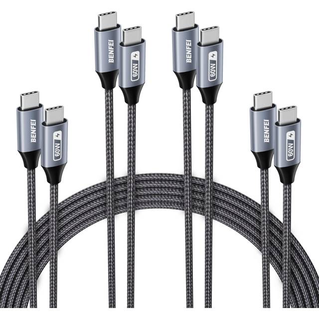 BENFEI USB Type C cable 60W fast charging set of 4 (1M+1M+2M+2M black) USB-C to nylon braided cable iPhone 16 / 15 Pro Plus Max/iPad