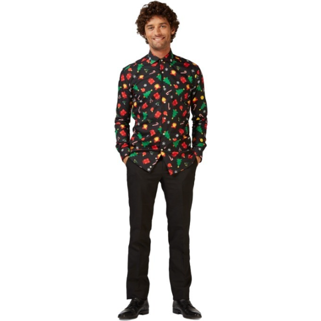 Christmas Icons Button-Up Shirt for Adults - Black&#47;Green&#47;Red (L)