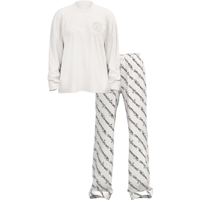 Victoria's Secret White Script Long Sleeve T-Shirt Flannel Pyjama Set - white script - S REG
