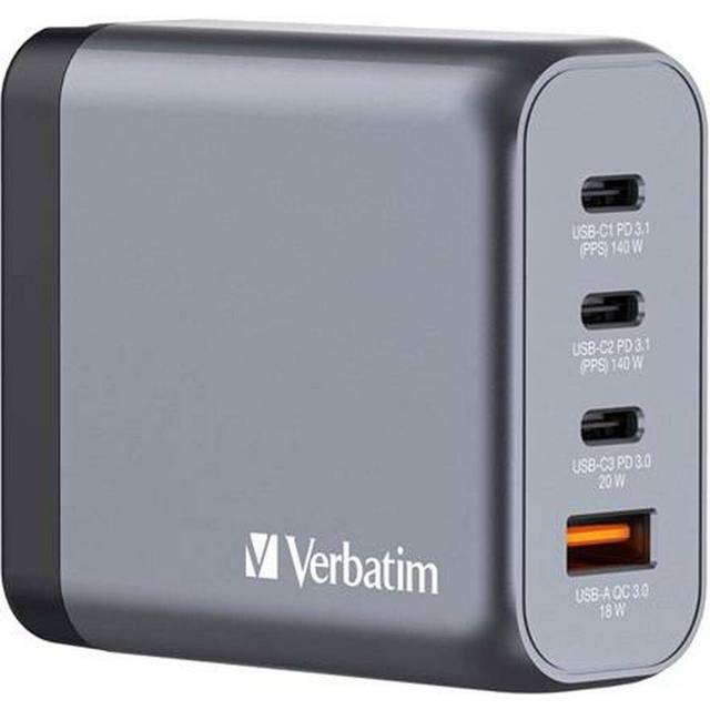 Verbatim GaN-laddare 140 W, 4 portar USB-C-laddare, strömadapter med 3 x USB-C och 1 x USB-A, snabbladdare som flera kontakter, för Apple MacBook, Notebook, iPad, iPhone, Samsung och Co