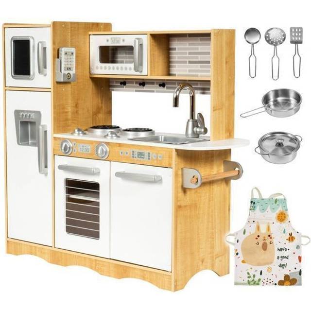 Baby Toys Play Kitchen with LED Lightning System, Wooden Kids Toys, Role Play Kitchen Accessories Included Pretend Play Toy Kitchen for Kids Little