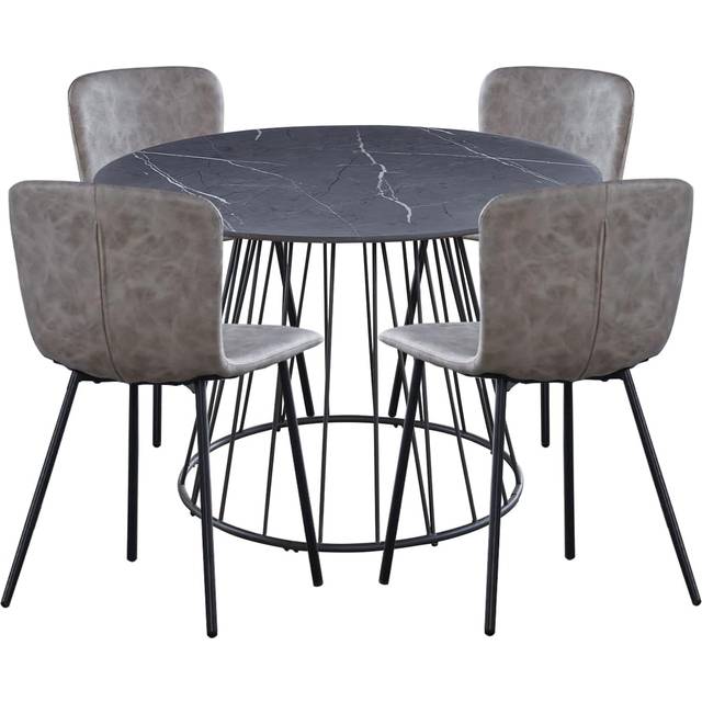 Hallowood Furniture - Cullompton Large Dining Table and Chairs Set of 4, Grey Marble Effect Top Round Table with Taupe Leather Effect Chairs, Dining