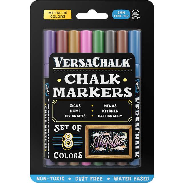 VersaChalk Metallic Liquid Chalk Markers for Blackboards (8 Pack, 3mm, Fine Tip) - Erasable Washable Chalk Pens for Chalkboard Signs, Windows, Gl