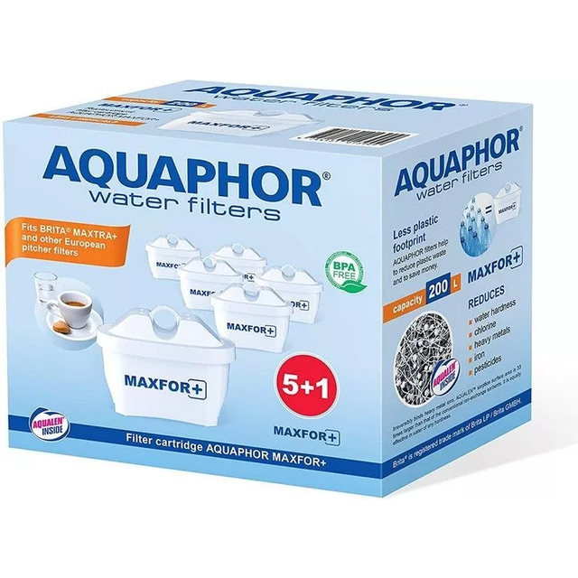 AQUAPHOR Filterpatron MAXFOR+ Pack 5 + 1 – mot kalk, klor och andra material, för Aquaphor Onyx, ametist, Jasper, Time och alla BRITA MAXTRA+ och MAXTRA modeller, 6 stycken (1-pack)
