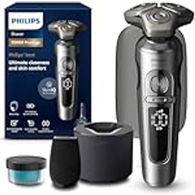 Philips Shaver S9000 Prestige, elektrisk rakapparat för våt- och torrakning, ljust krom, Lift & Cut-raksystem, SkinIQ-teknik, precisionstrimmer, rengöringsfodral och premiumfodral, modell SP9841/32