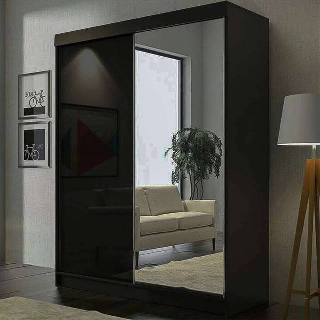 Mansfield Free Standing High Gloss Sliding Mirror Door wardrobe available in 2 Colors - Matte Black (217cm H x 150cm W x 62cm D)