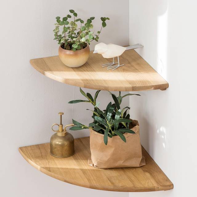 Corner Shelves, Solid Oak Wood Set Of 2 12Inch Floating Corner Shelves Wall Mount Round End Floating Speaker Shelf With Wire Hole Shelf For Small Plan - Beige (3.80cm H x 30.00cm W x 30.00cm D)