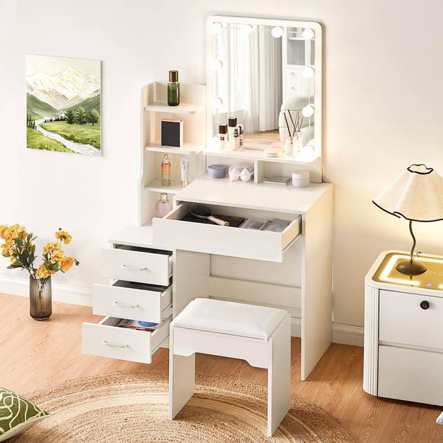 Hollywood Dressing Table with LED Mirror and Stool - White (149.3cm H X 87.2cm W X 40cm D)